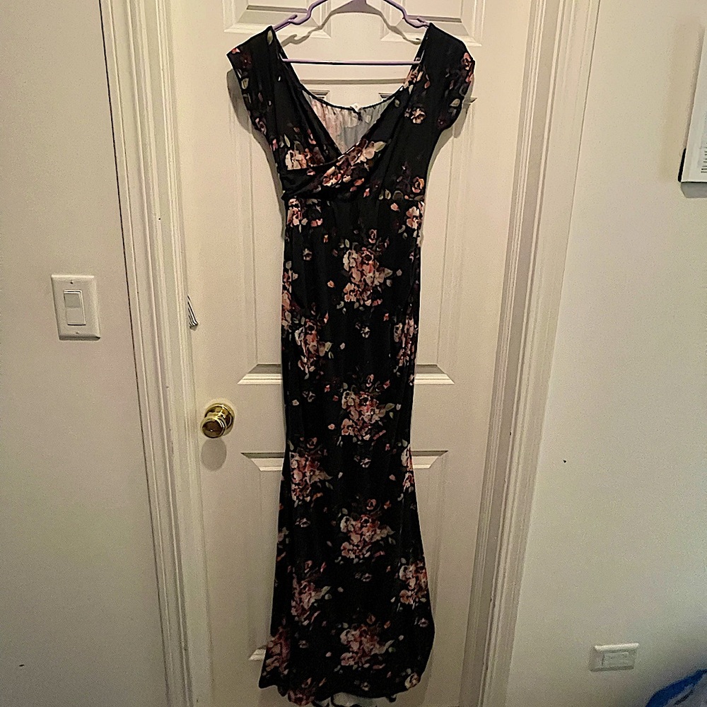 Floral black maternity gown from Pink blush worn twice